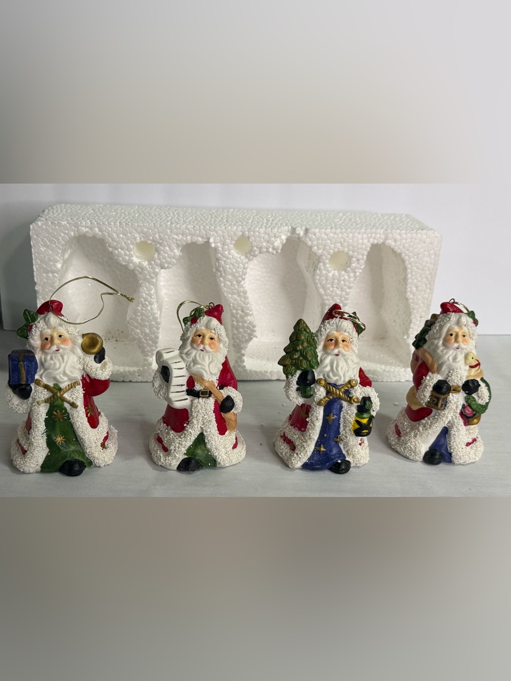 Vintage Old World Santa Ornaments Set of 4 Sugar Snow Flocked Belsnickle Boxed